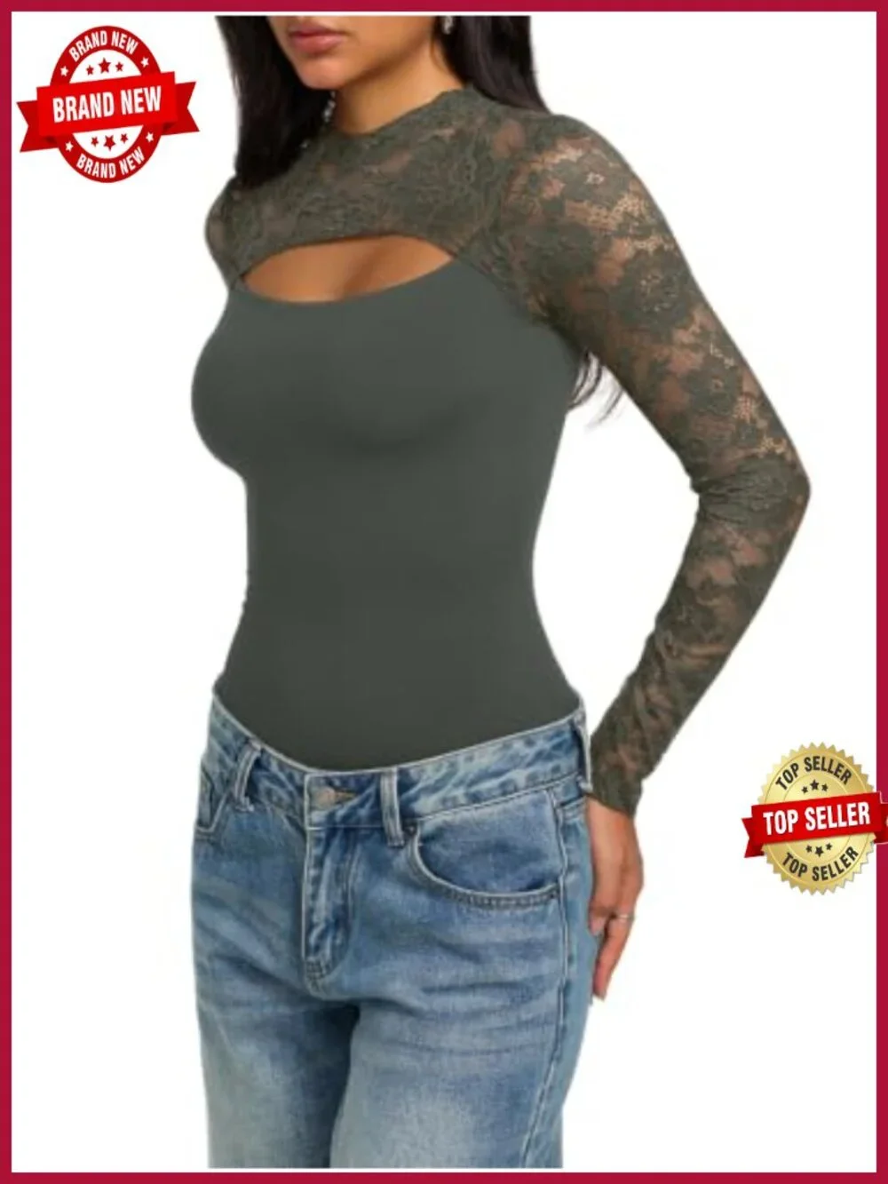 Women's Lace Cutout Bodysuit Long Sleeve Mock Neck Sexy Thong Snap Crotch